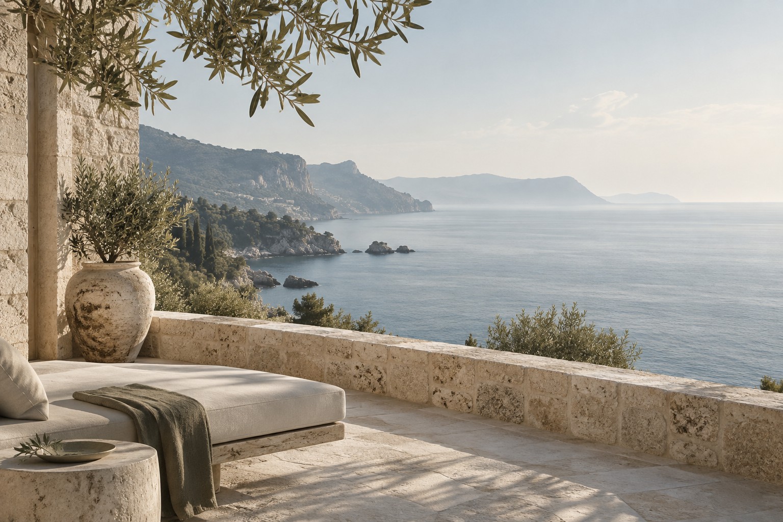 A tranquil Mediterranean coastline viewed from a limestone terrace